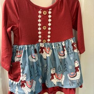 Charming Llama Print Kids Dress in Red and Blue